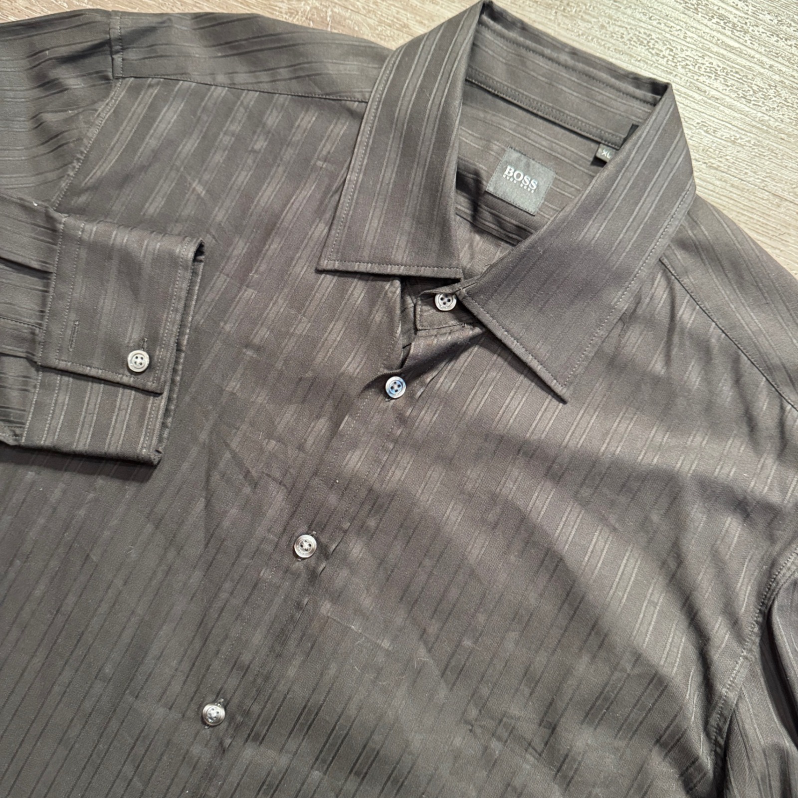 Hugo Boss Shirt Mens Xl Black Cotton Lex Tonal Stripe Button Down Luxury Formal